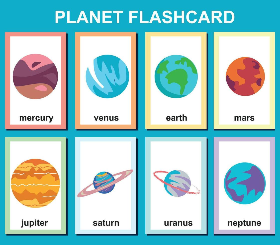 Planets in the solar system flashcards for kids learning about planets, solar system, and space. Vector illustrations of solar system planets with their names. Printable vector file.