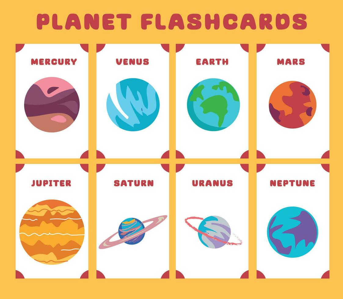 Planets in the solar system flashcards for kids learning about planets, solar system, and space. Vector illustrations of solar system planets with their names. Printable vector file.