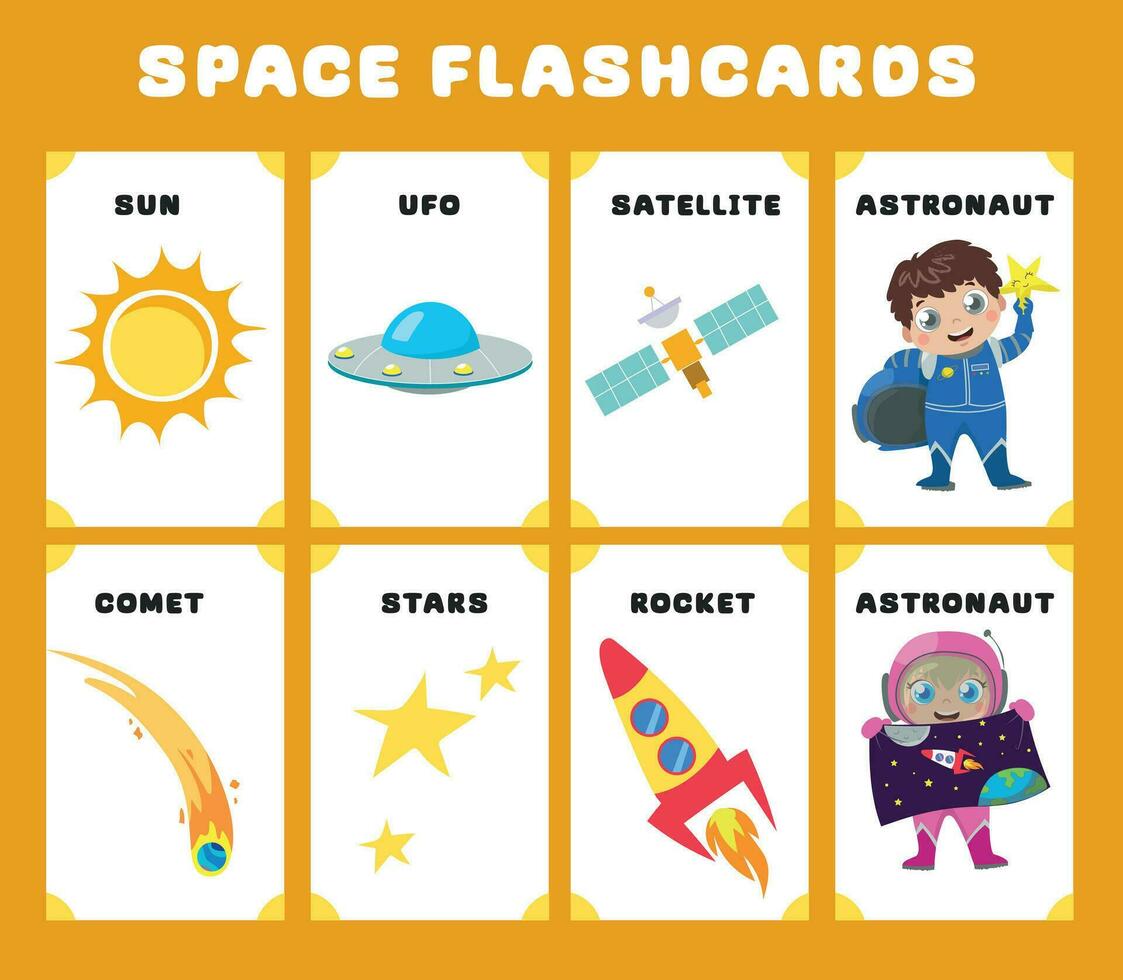 Space exploration and the solar system flashcards for kids learning about planets, solar system, and space. Vector illustrations of space things. Printable vector file.