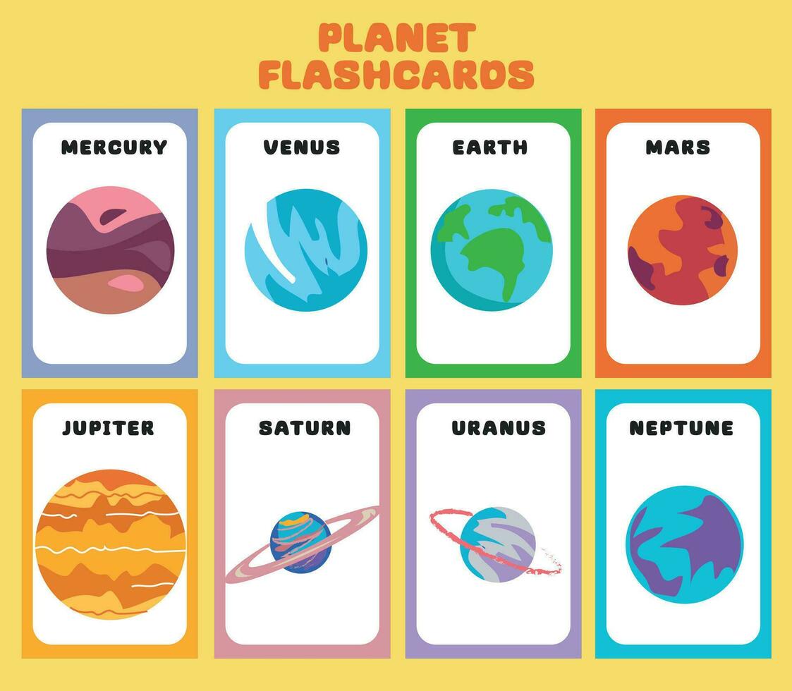planetas en el solar sistema tarjetas didácticas para niños aprendizaje acerca de planetas, solar sistema, y espacio. vector ilustraciones de solar sistema planetas con su nombres imprimible vector archivo.