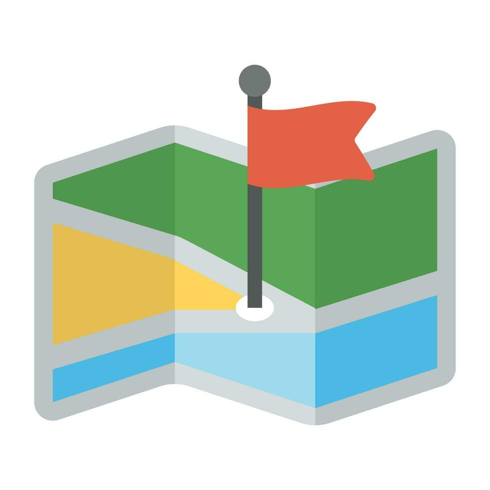 A folding map with location flag, flat vector icon design