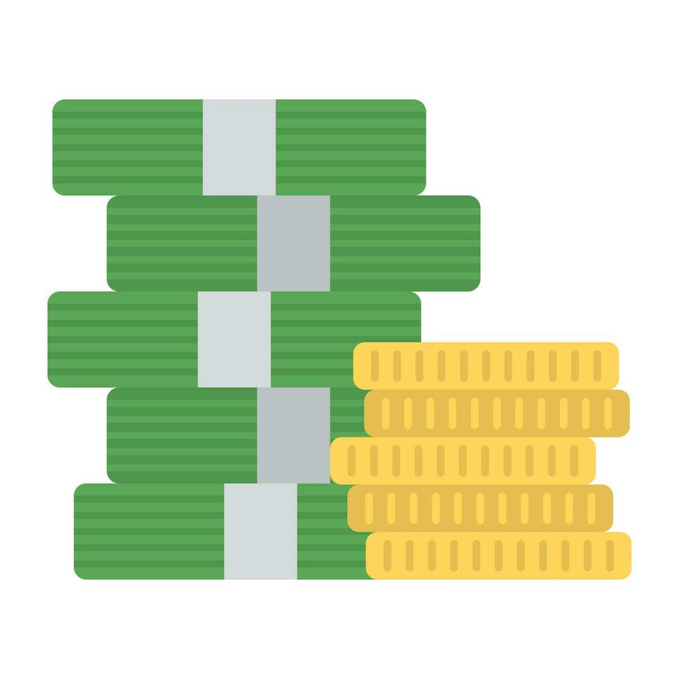 Pile of banknotes and coins flat vector icon
