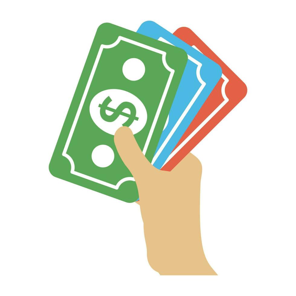 Hand holding banknotes, payment flat icon vector