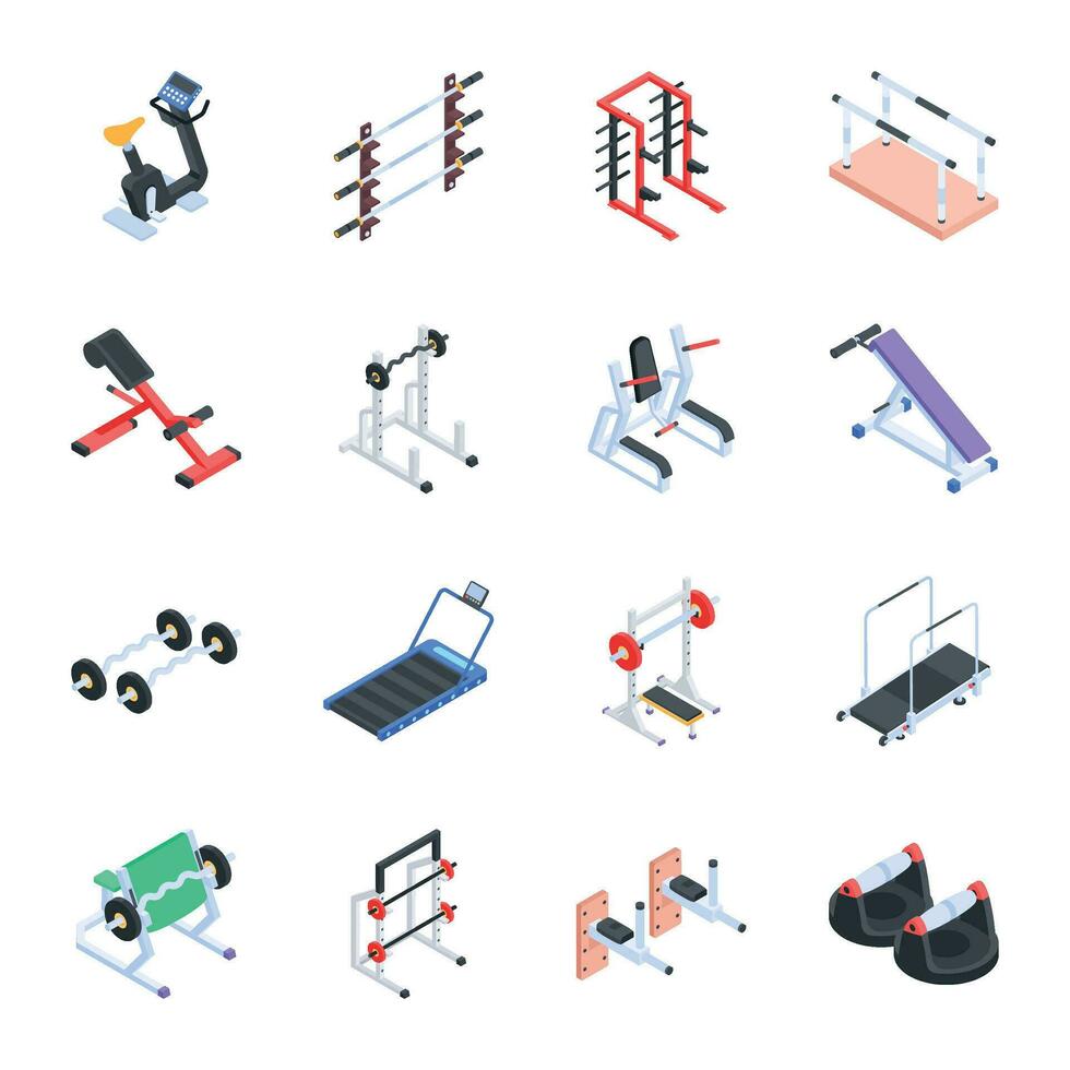 moderno colección de gimnasio herramientas isométrica íconos vector
