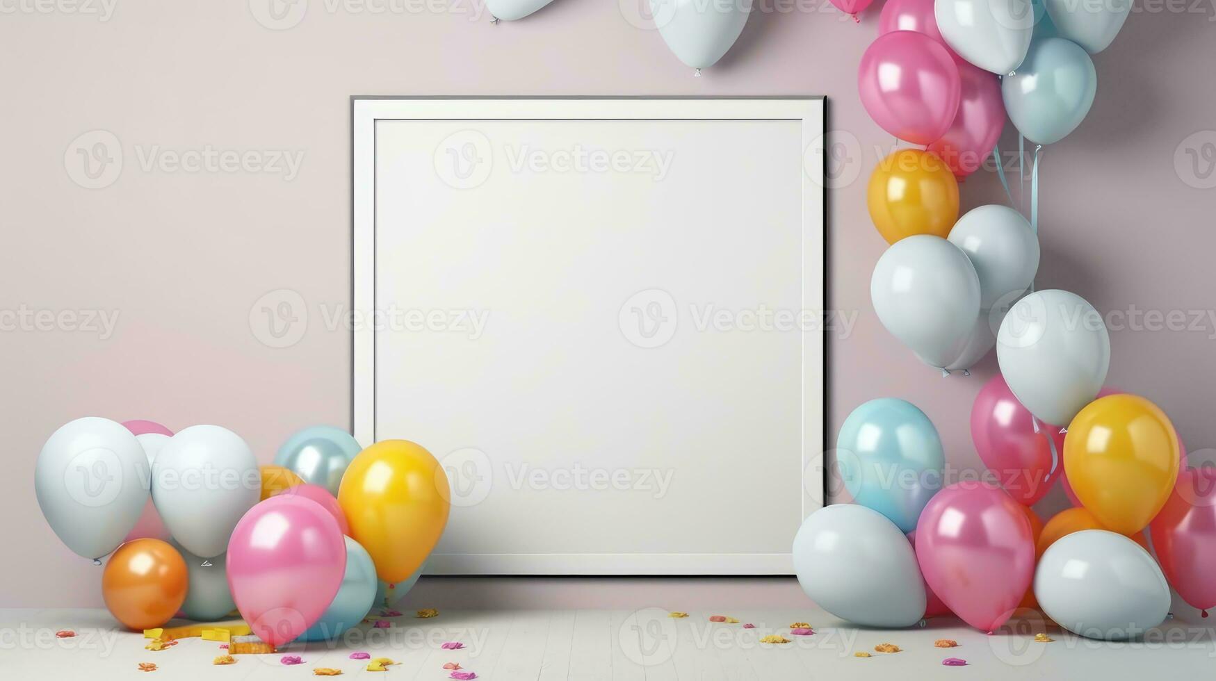 white frame with balloons and gifts in the room, birthday celebration background photo