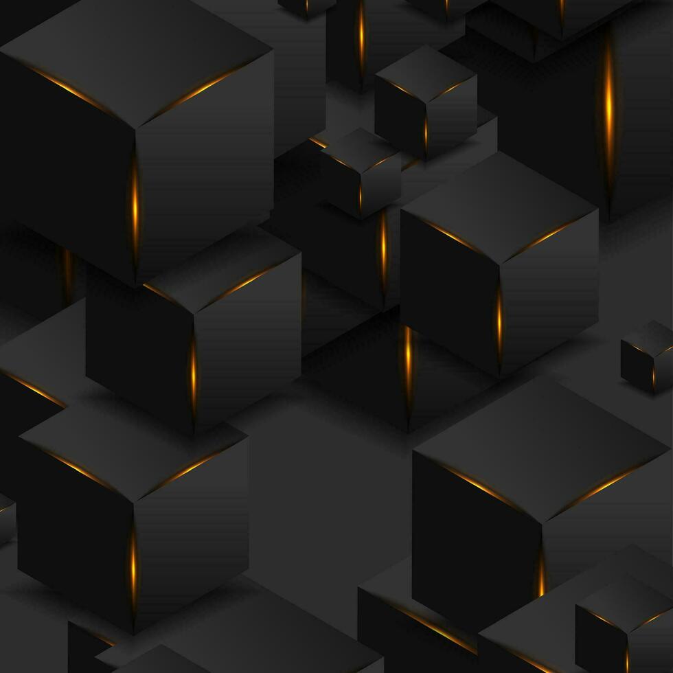 Abstract black 3d cubes with orange glowing lights design vector