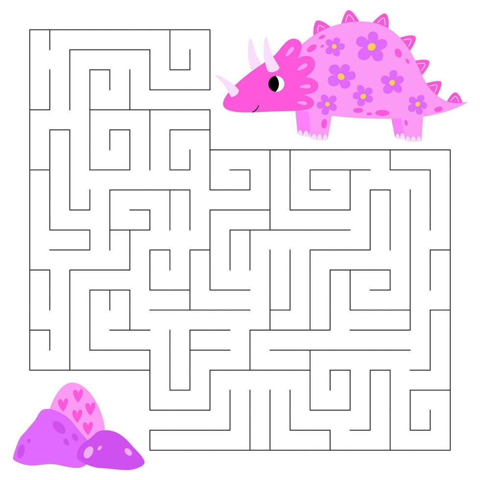 Princess triceratops maze game for kids. Cute pink dinosaur looking for a way to the dinosaur egg. Printable worksheet with solution for school and preschool. Vector cartoon illustration.