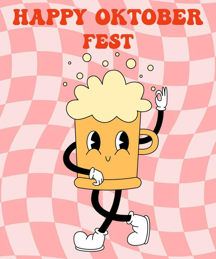 Oktoberfest groovy 70s, 80s poster, retro print with hippie beer mug. Cartoon psychedelic landscape, vintage funky print. Fanny template for menu, card, print. It's beer time. Vector illustration.