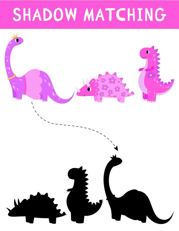 Princess shadow matching activity with pink girl dinosaurs. Cute puzzle with brachiosaurus, triceratops, tyrannosaurus. Find correct silhouette printable worksheet or game. vector