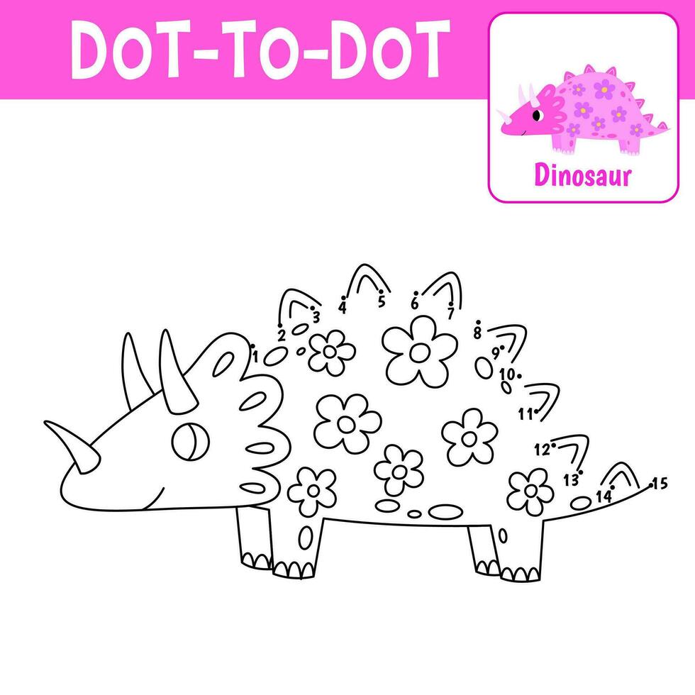 Numbers game, education dot to dot game for children, coloring book. Triceratops princess, girl dinosaur. Vector cartoon illustration.