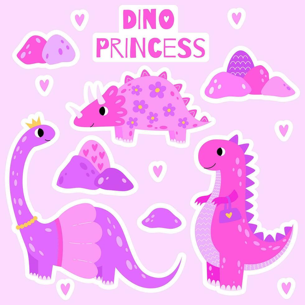 Stickers set cute dinosaur princess. Sweet pink dino girl with crown. Cartoon funny character for nursery design, greeting card, invitation, print, party, baby shower, poster.Vector illustration. vector