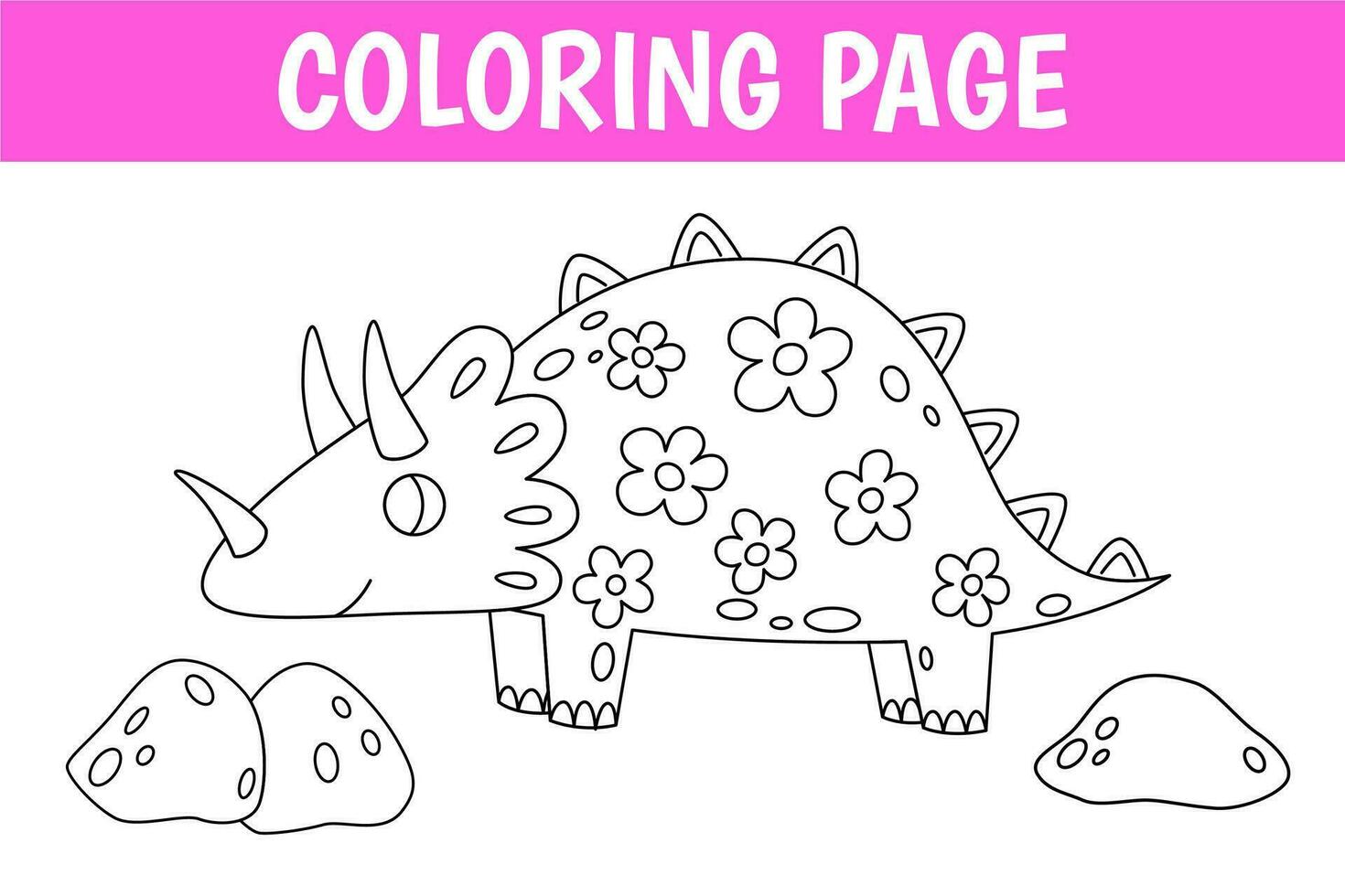 Triceratops princess coloring page, cute print with line girl dinosaur. Printable worksheet with solution for school and preschool. Vector cartoon illustration.