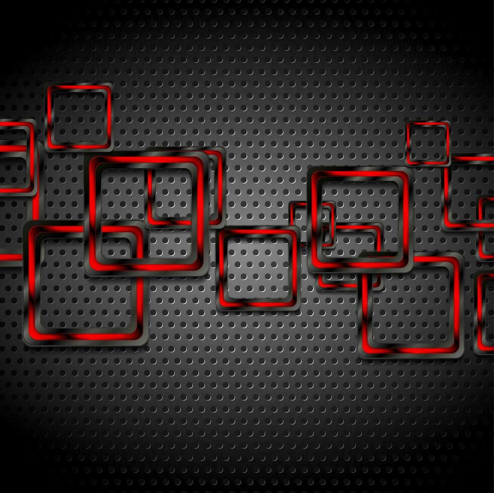 Black and red glossy hi-tech geometric squares on perforated background vector