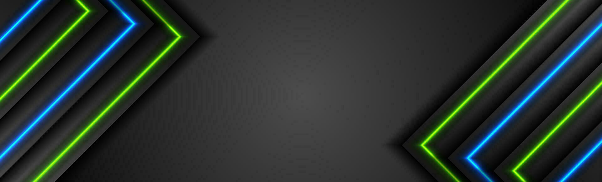 Black tech abstract banner with blue and green neon glowing light vector