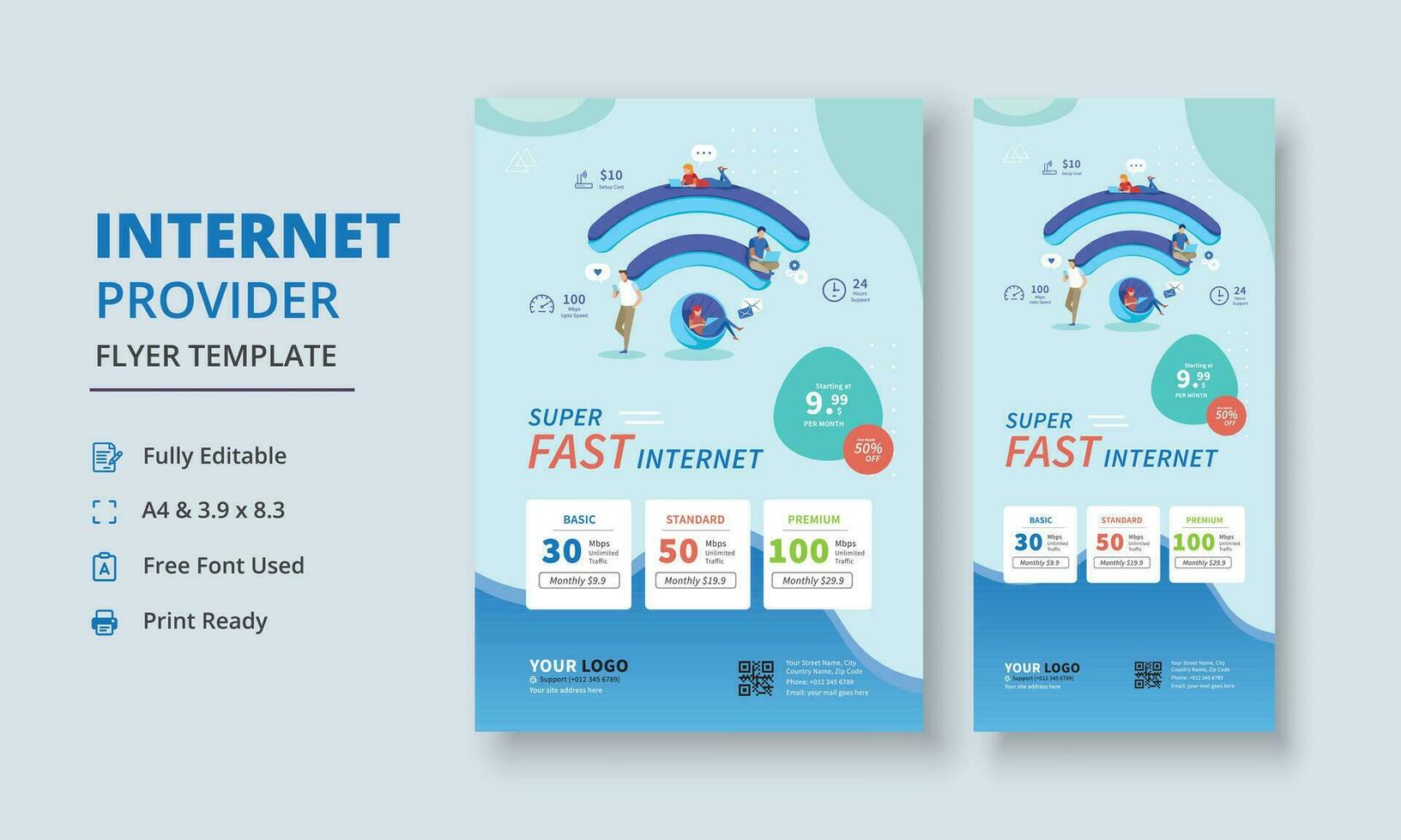 Super Fast Fiber Broadband Flyer, Internet Service Provider Flyer Template, Internet Service Provider Dl Flyer, Internet Service Provider Roll Up Banner, dl flyer, roll up banner vector