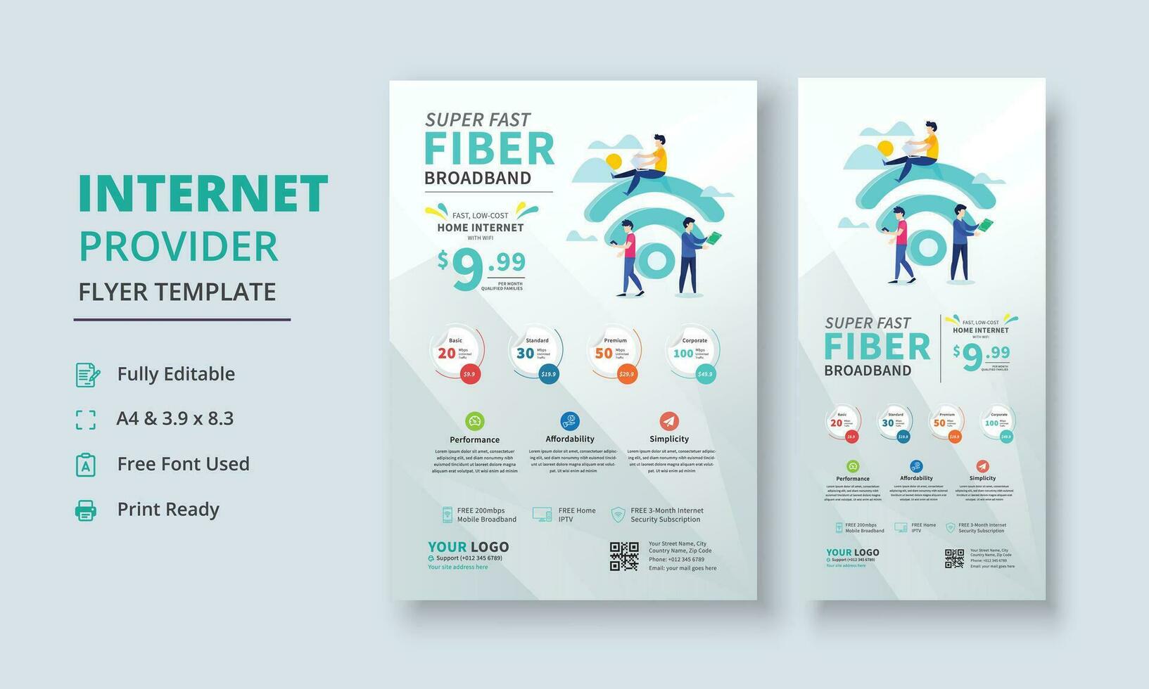 Super Fast Fiber Broadband Flyer, Internet Service Provider Flyer Template, Internet Service Provider Dl Flyer, Internet Service Provider Roll Up Banner, dl flyer, roll up banner vector