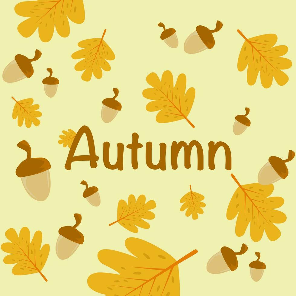 Seamless pattern background of falling brown leaves and Acorn on a yellow background.  Concept of fall leaves in autumn season. vector