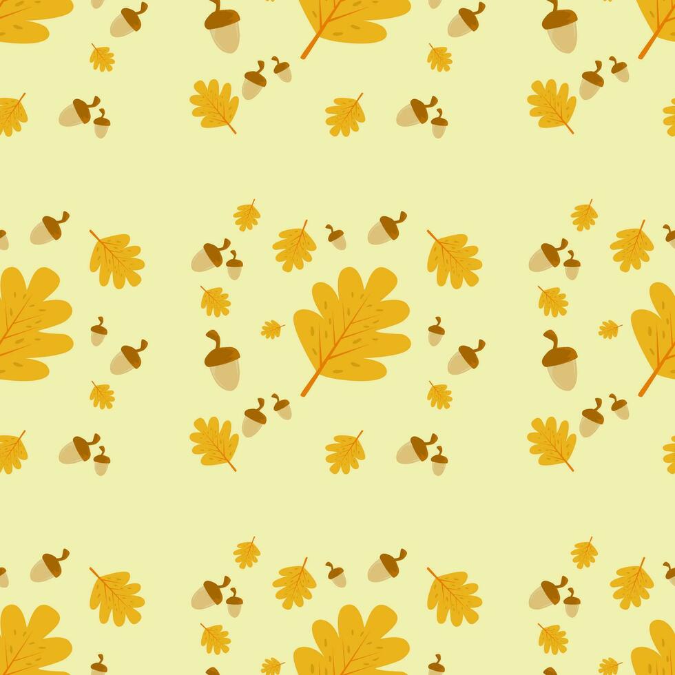 Seamless pattern background of falling brown leaves and Acorn on a yellow background.  Concept of fall leaves in autumn season. vector