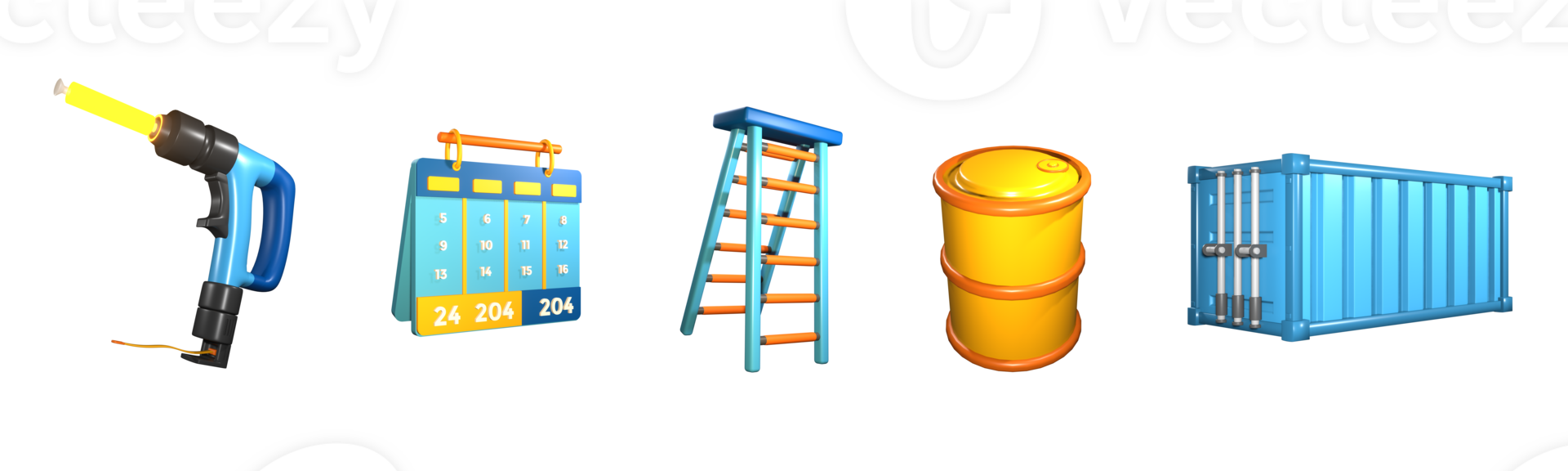 3D icon labor day collection rendered isolated on the transparent background. welding torch, calender, ladder, oil barrel, and shipping container object for your design. png