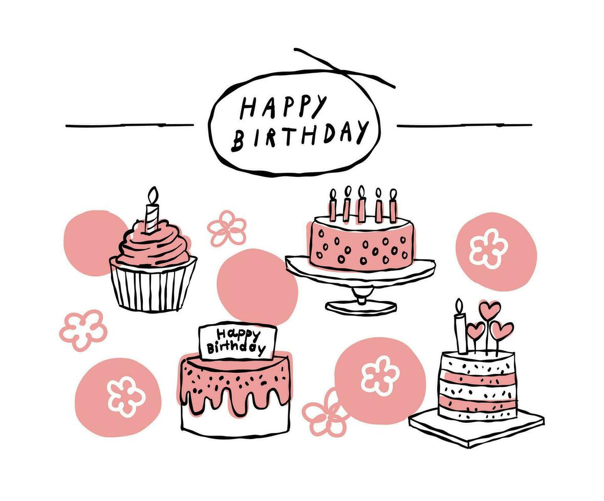 vector line drawn happy birthday cake, pink, cute, sweet