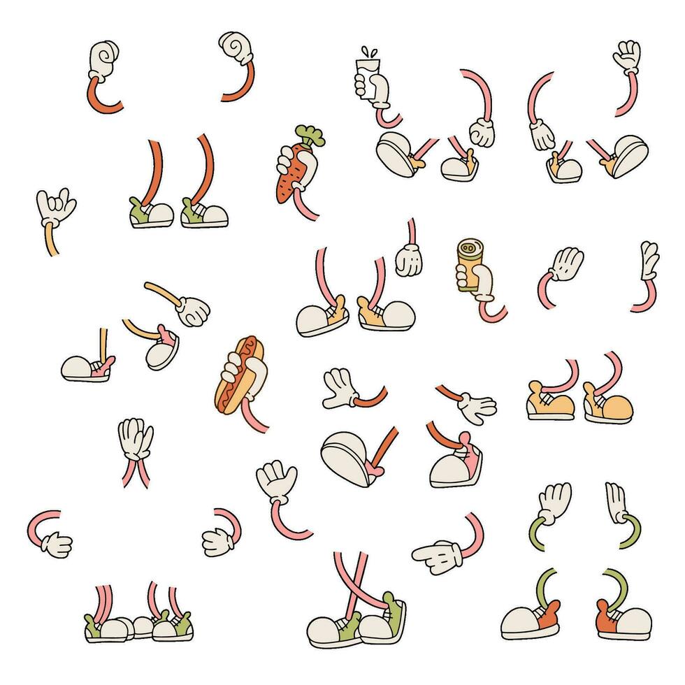 Retro Cartoon hands and legs big set. Cute 30-60s vintage animation feet in sneakers and hands in gloves characters body parts, simple funny gestures. Vector mascot leg and footwear illustration