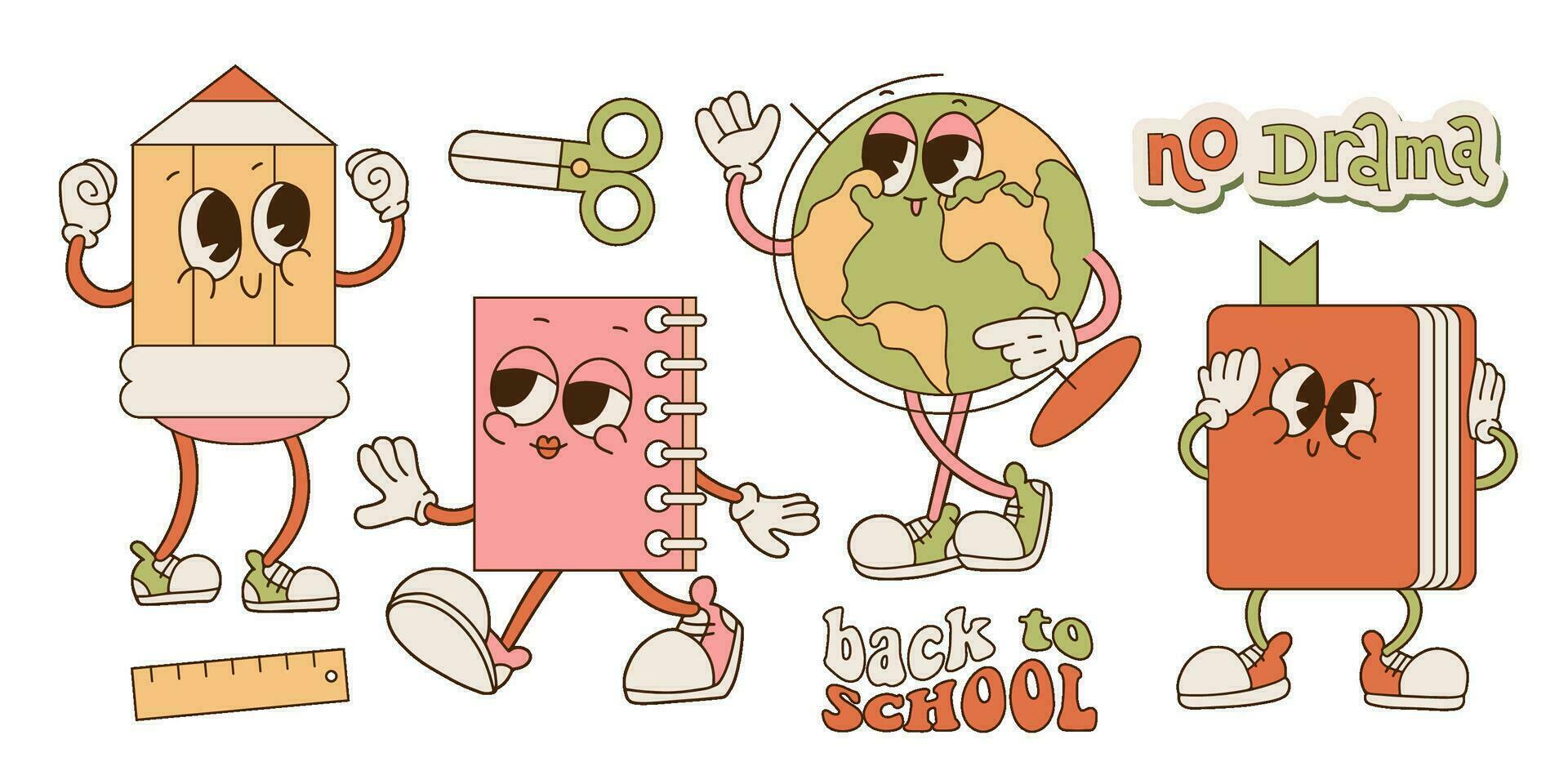Set with school supplies groovy characters in gloves with quotes Back to school, No drama in contour flat retro classic cartoon style of 60s 70s. Globe, pencil, book, notebook mascots. vector