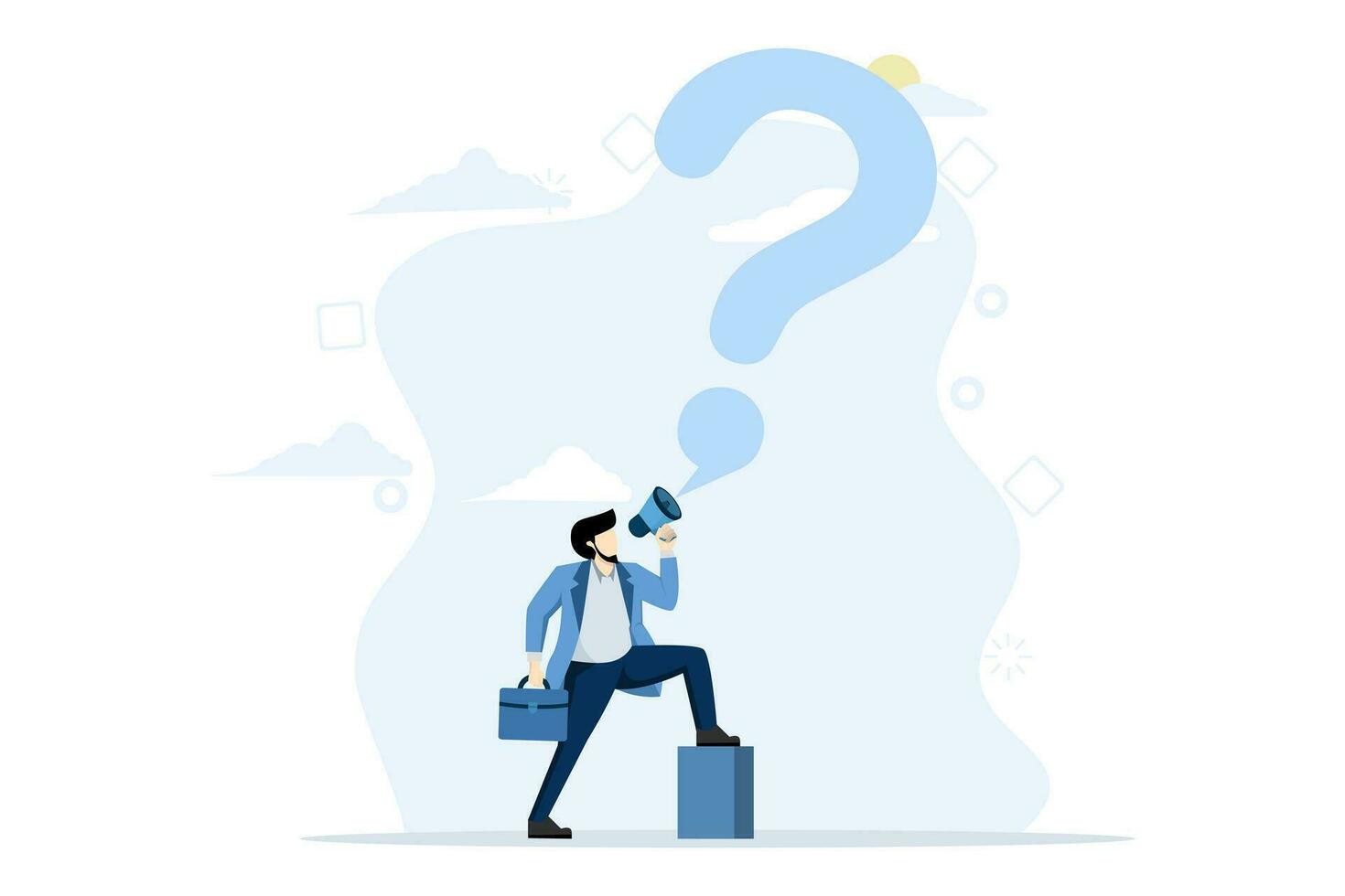 concept of asking question for answer or solution to solve problem, communicating or asking for help in business, businessman talking with megaphone asking question with big question mark. vector