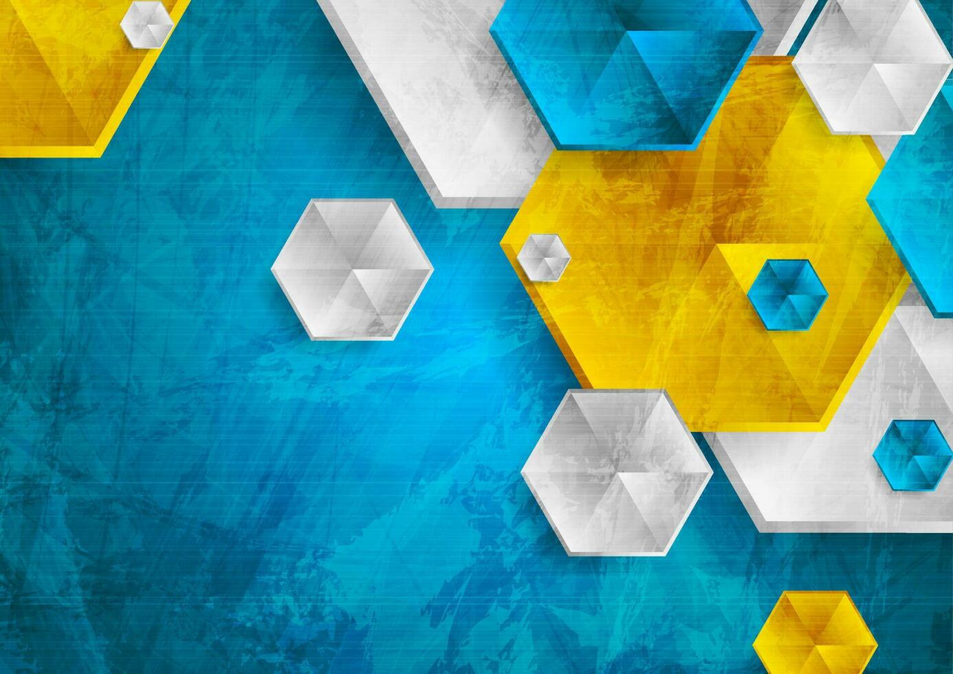 Colorful hexagons abstract background with grunge texture vector