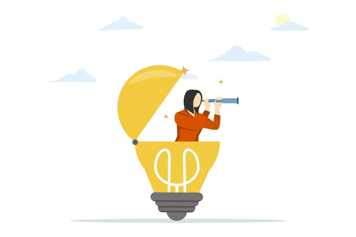 creativity concept to help see business opportunities, find new solutions or ideas, curious, looking for success, businesswoman opening light bulb idea using binoculars to see business vision. vector