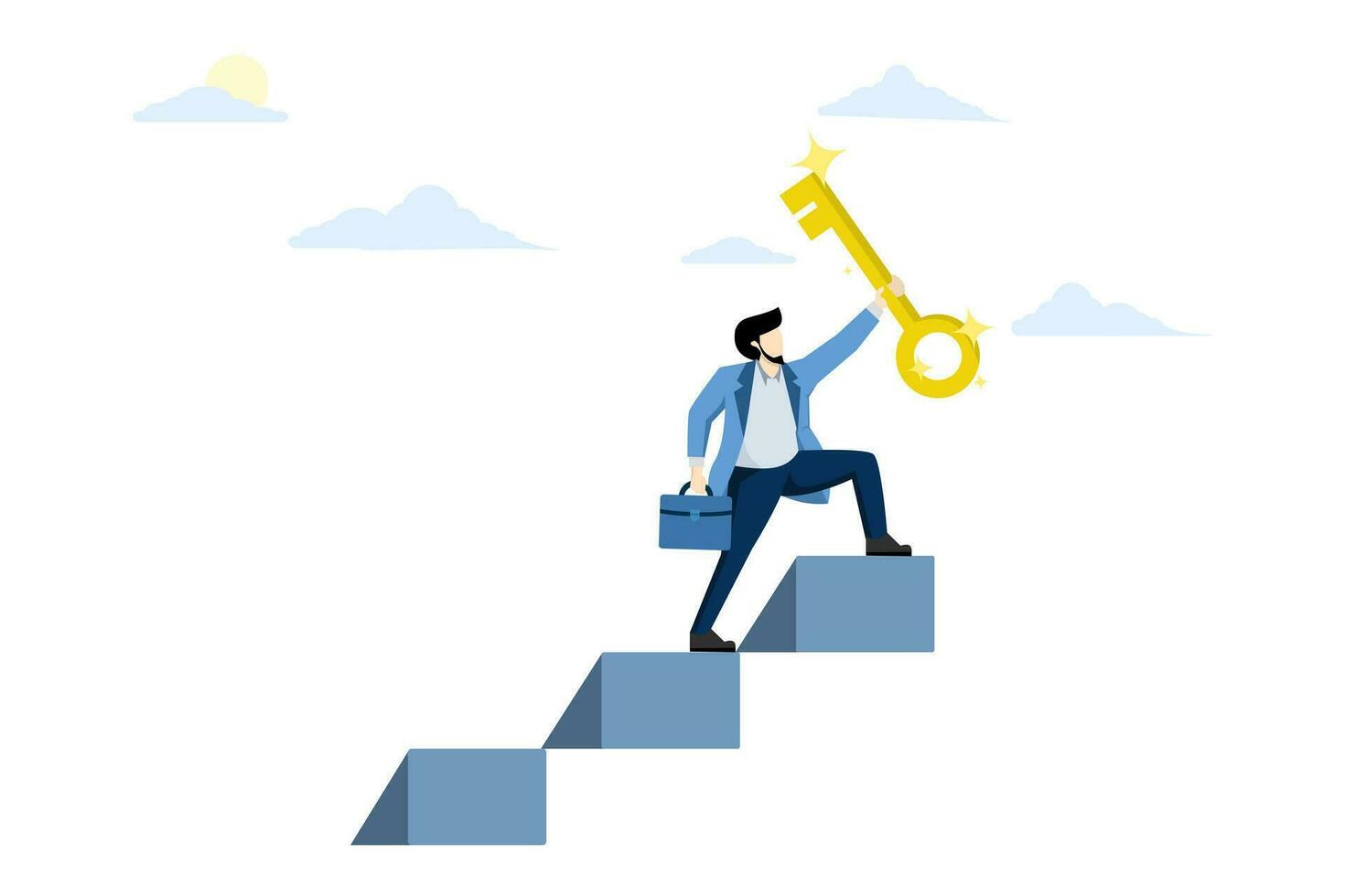 Business success key concept, ladder to find secret key or reach career target, victorious businessman climbing ladder lifting golden key of success to sky. flat vector illustration on background.