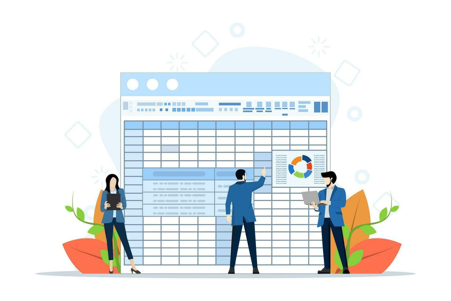 spreadsheet concept, business team analyze big data or information. Office employees make reports using spreadsheets. Work with databases. flat vector illustration on a white background.