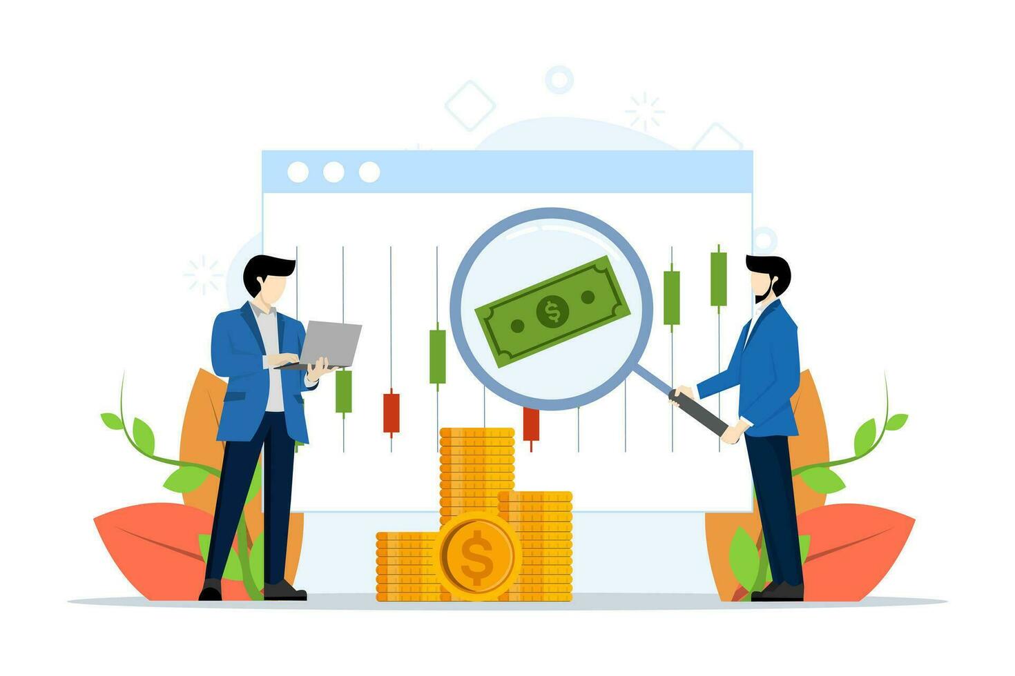 Return on investment concept, financial solutions, passive income, successful trading. Man invests successfully. investment strategy. Vector illustration in flat design for web banner, UI.