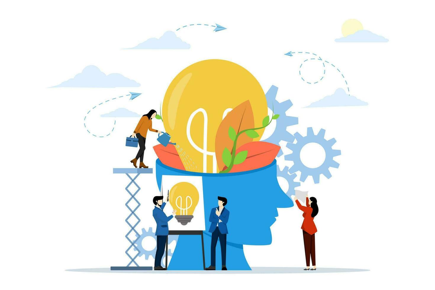 concept generates ideas. a metaphor for the birth of creative ideas. business concept analysis. people growing potted plants. graphic design idea of project activity vector, flat vector illustration.