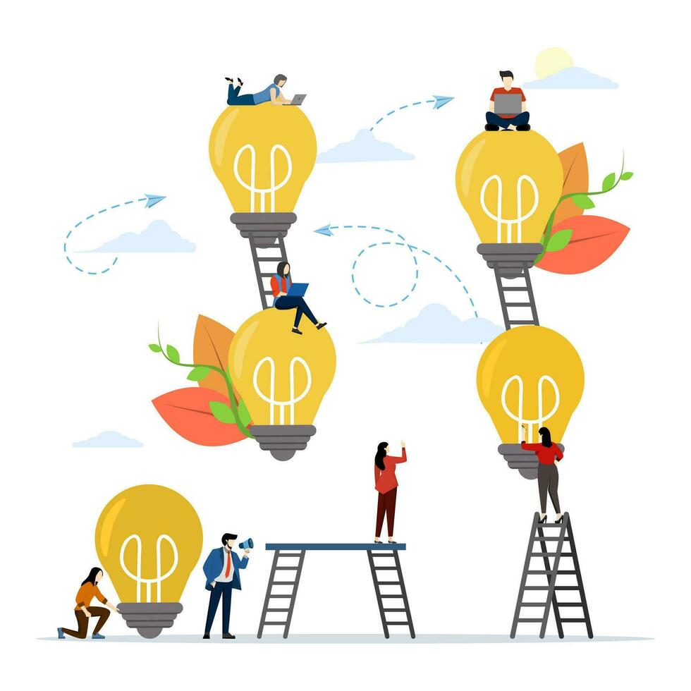 business meeting and brainstorming, business concept for teamwork, looking for new solutions, little people sitting on light bulbs looking for ideas. Vector flat illustration on white background.