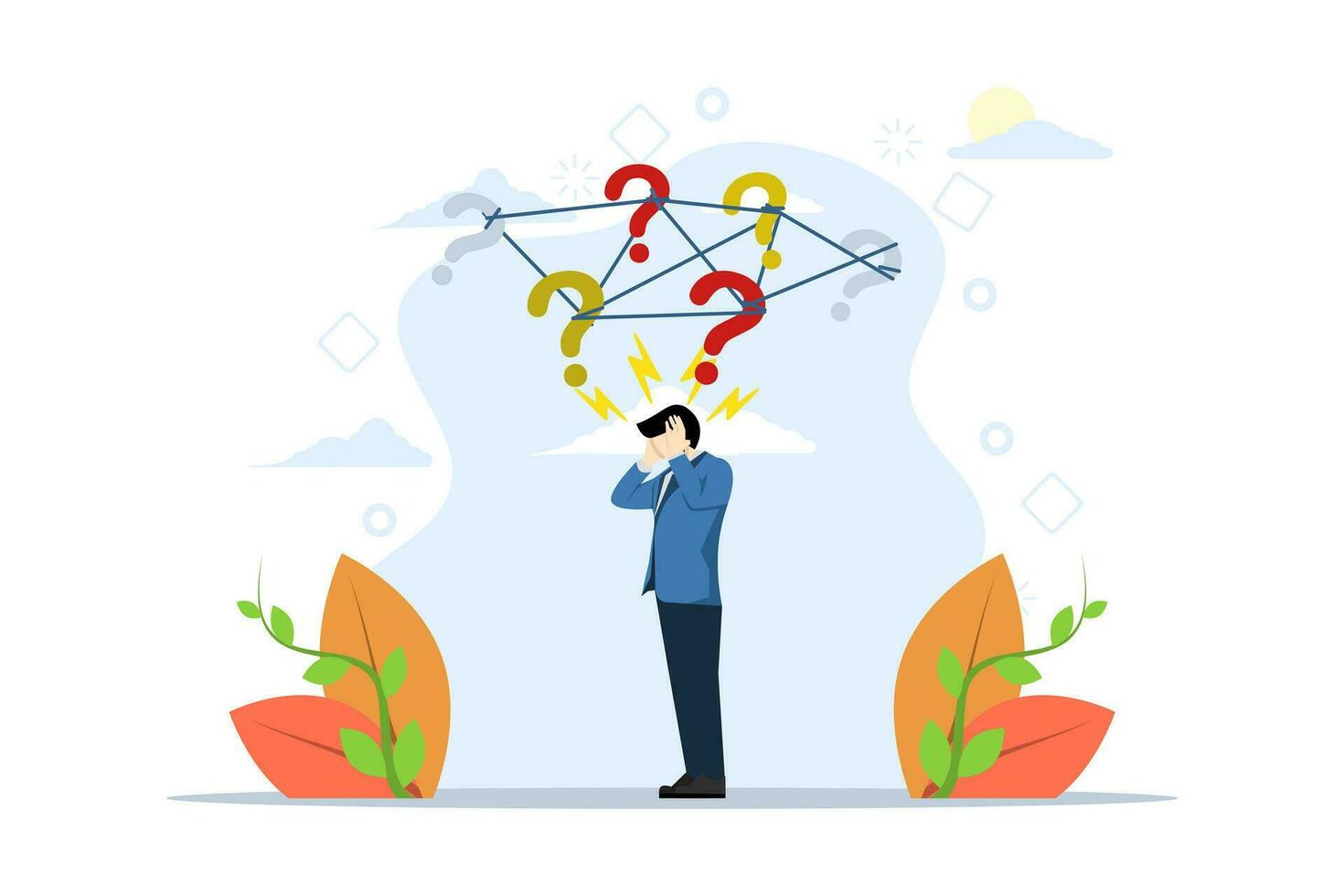 concept of stress or anxiety due to business difficulties, Frustration or depression from complex problems at work. Stressed businessman with head full of messy question marks. vector illustration.