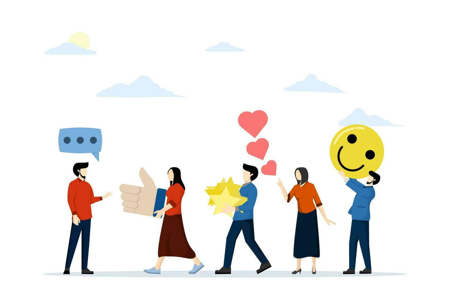 customer feedback concept, user experience or client satisfaction, opinions for products and services, review or rating evaluation, young adults giving feedback emoticons like stars, thumbs up. vector