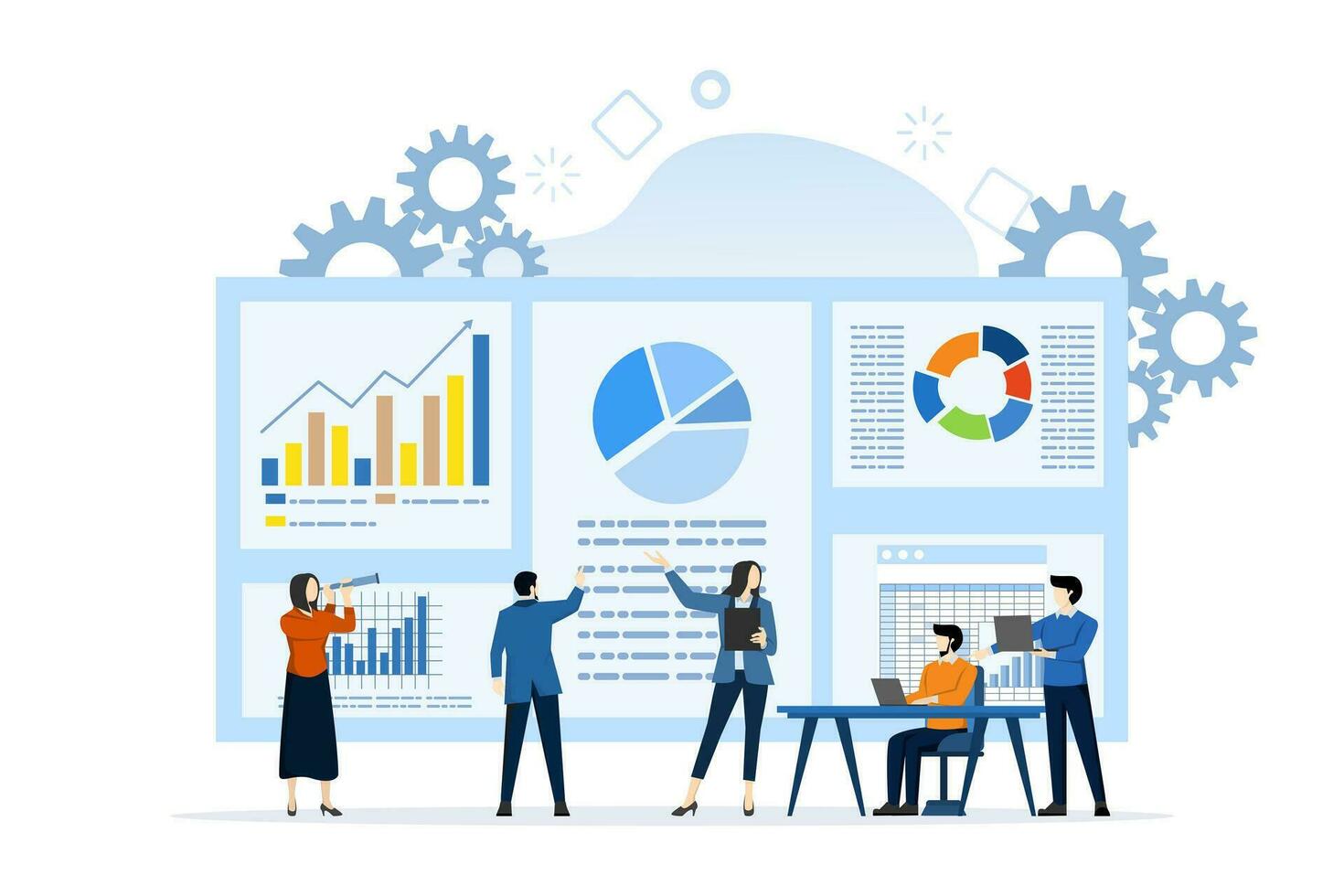 statistical chart analysis concept and big data. business vector illustration, office workers studying infographics, scale evolution analysis. flat vector illustration on a white background.