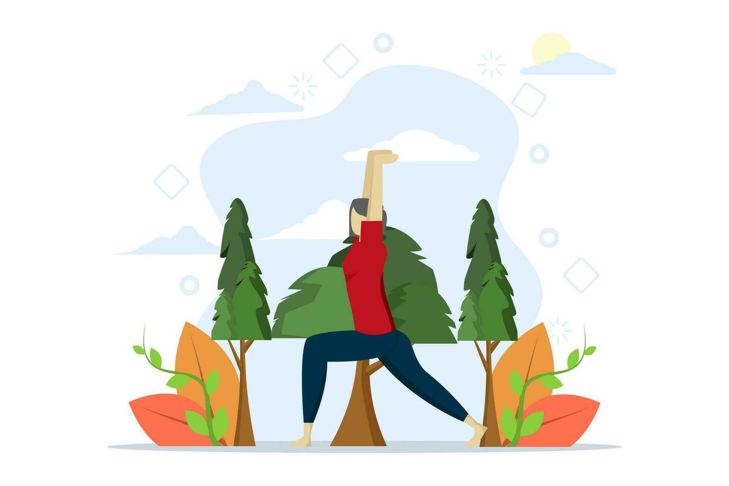 Outdoor fitness concept, outdoor yoga, group workout in park, outdoor fitness, sport lifestyle. Woman doing yoga in the park. Vector illustration in flat design on white background.