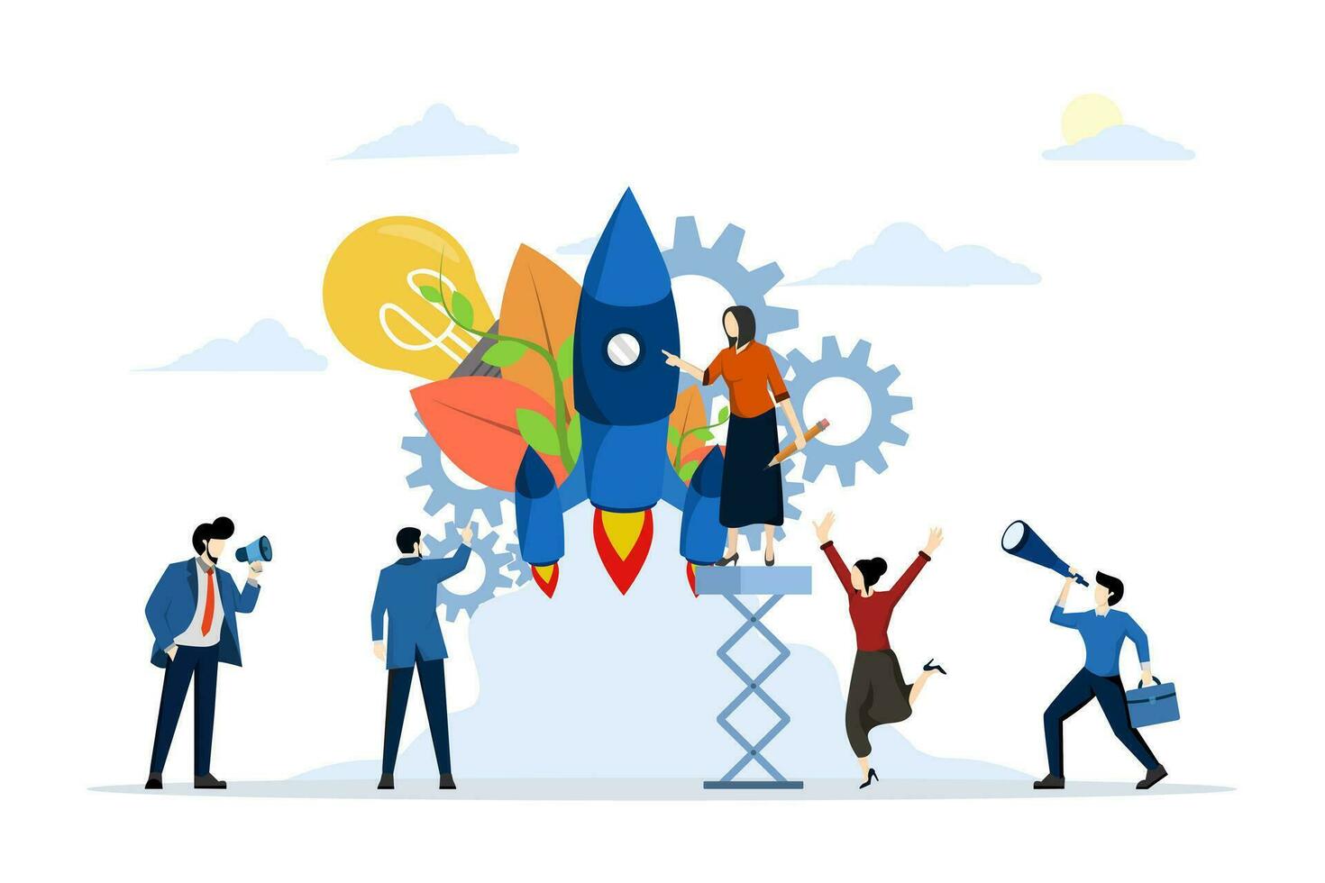 startup business concept. teamwork in building a startup business. people building spaceship rocket, cohesive teamwork in scratch vector. flat vector illustration on a white background.