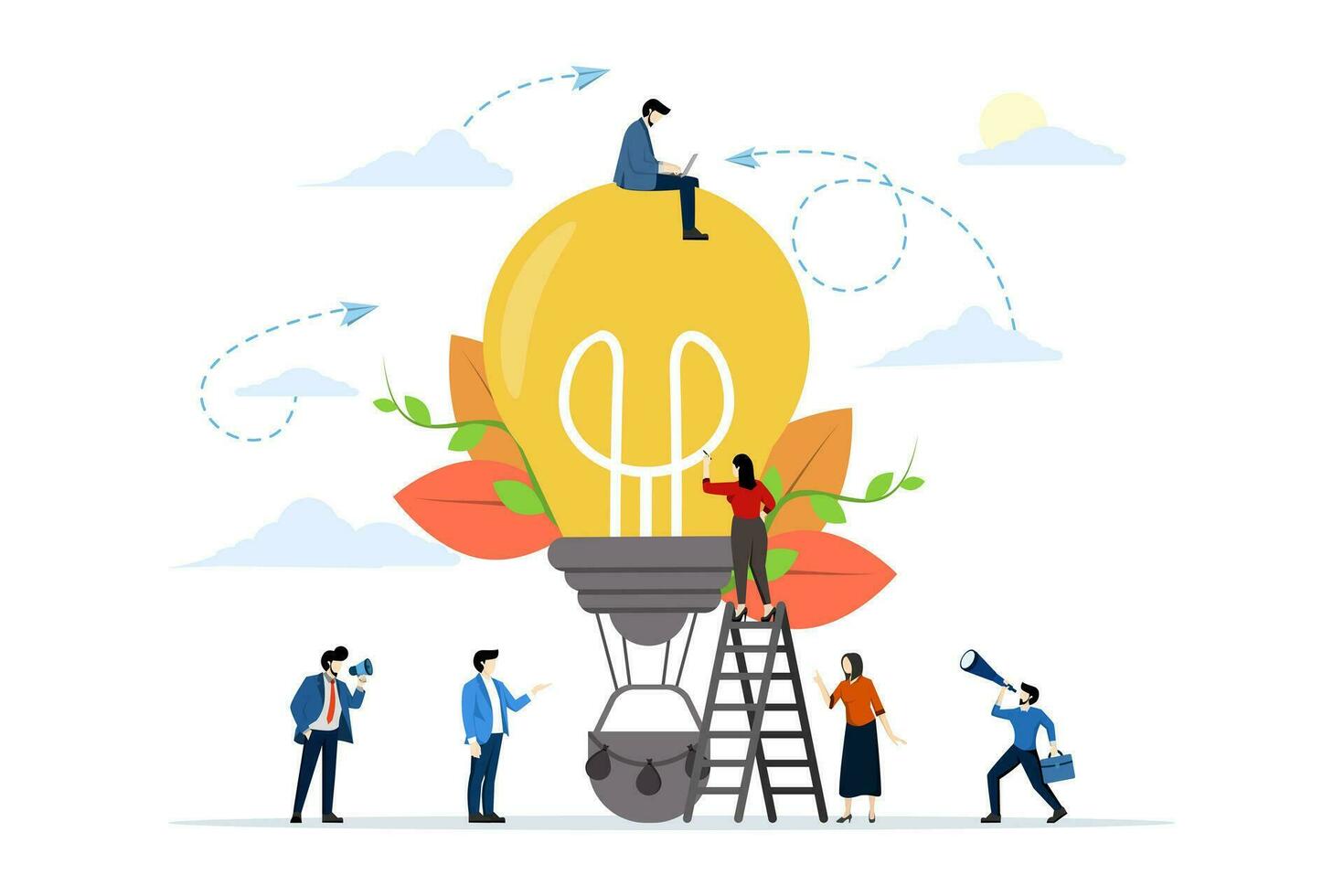 new idea search concept, teamwork in company, brainstorming, fantasy flight, thought process, balloon in light bulb vector shape, flat vector illustration on a white background.