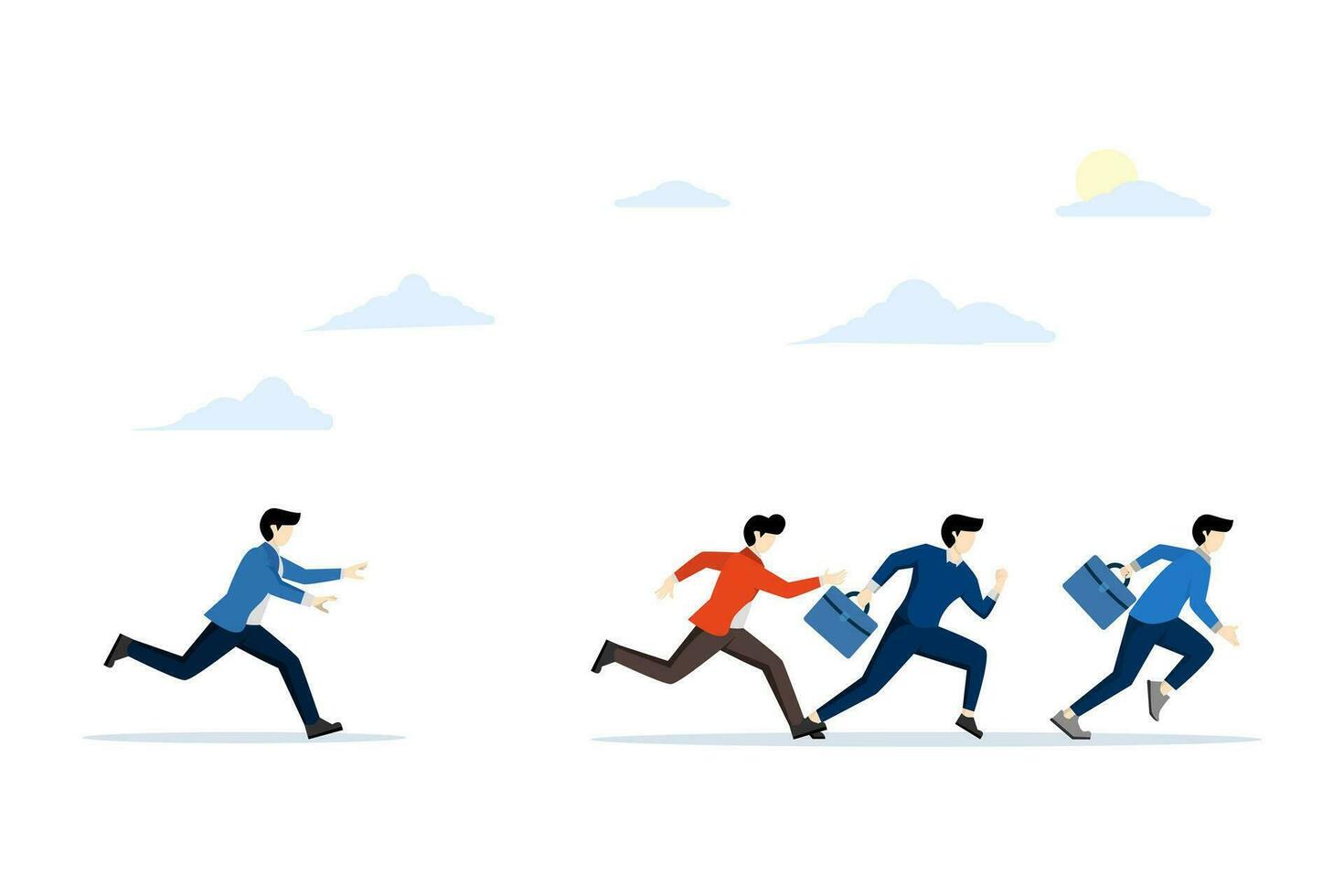 the concept of rivalry or competition in business, a group of people compete with other business people, overcome obstacles, fall behind catch them, flat vector illustration on a white background.