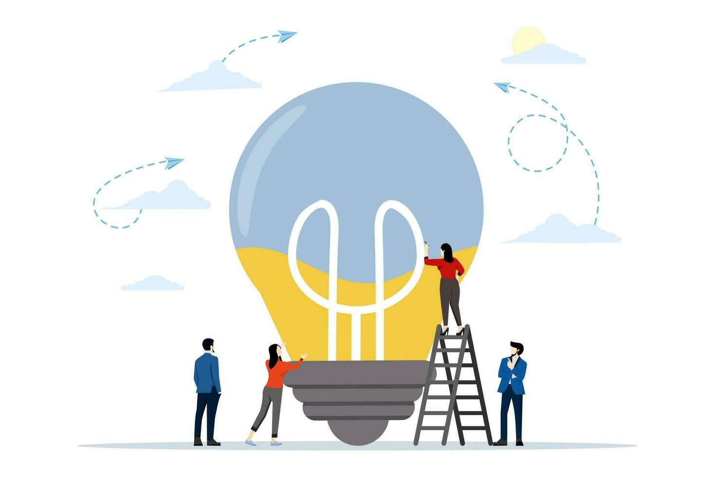 Business concept vector illustration, brainstorming, filled idea in light bulb abstraction shape, illustration of teamwork to generate idea or solution for business. flat vector illustration.