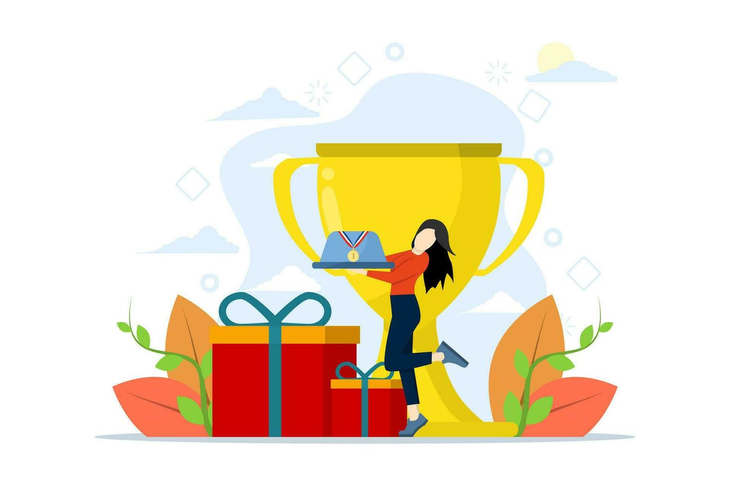 Concept of getting loyalty rewards, bonuses, business rewards. character standing and holding gold medal. Rewards program and receive gifts. Flat vector illustration on a white background.