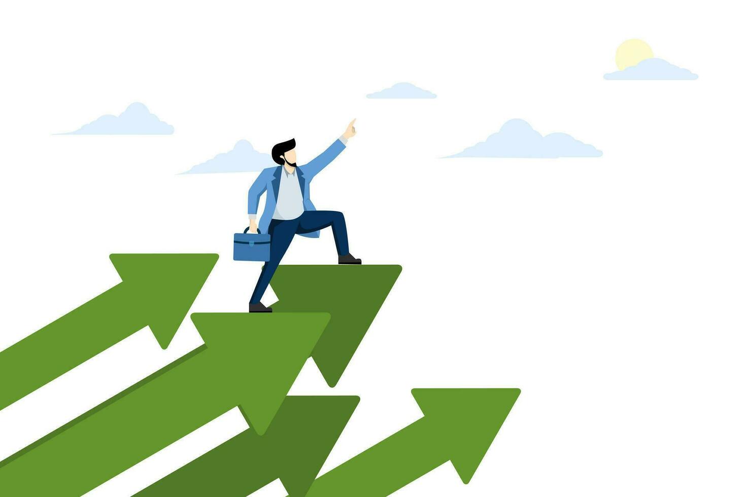 concept of successful company moving forward, challenge or growth to move forward, ambition or motivation for improvement, businessman confidence standing on growing arrow pointing to sky next target. vector