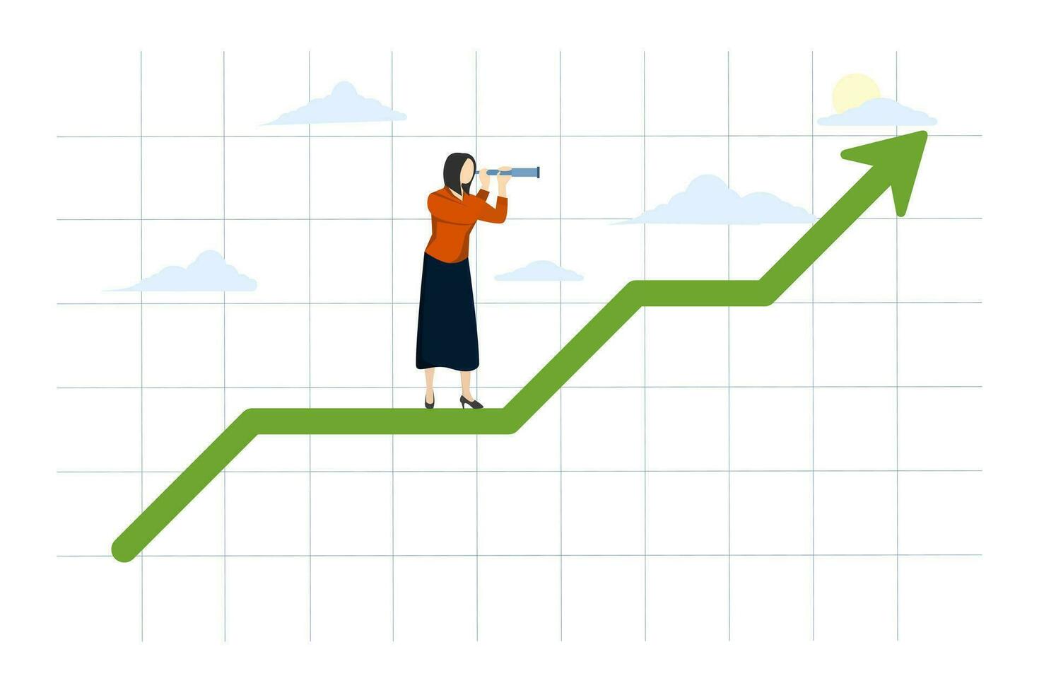 concept Business vision to see opportunity, investor wealth or profit growth, career achievement, smart entrepreneur manager using telescope to see future position on rising arrow market chart. vector