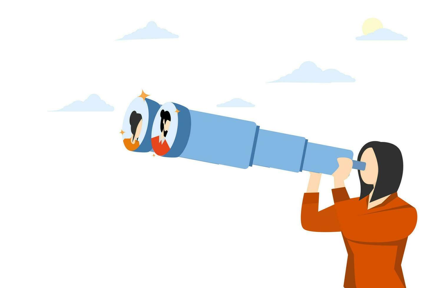 Concept of looking for candidates, HR Human Resources looking for people to fill job vacancies, recruitment or looking for career opportunities, HR looking through binoculars to find potential people. vector