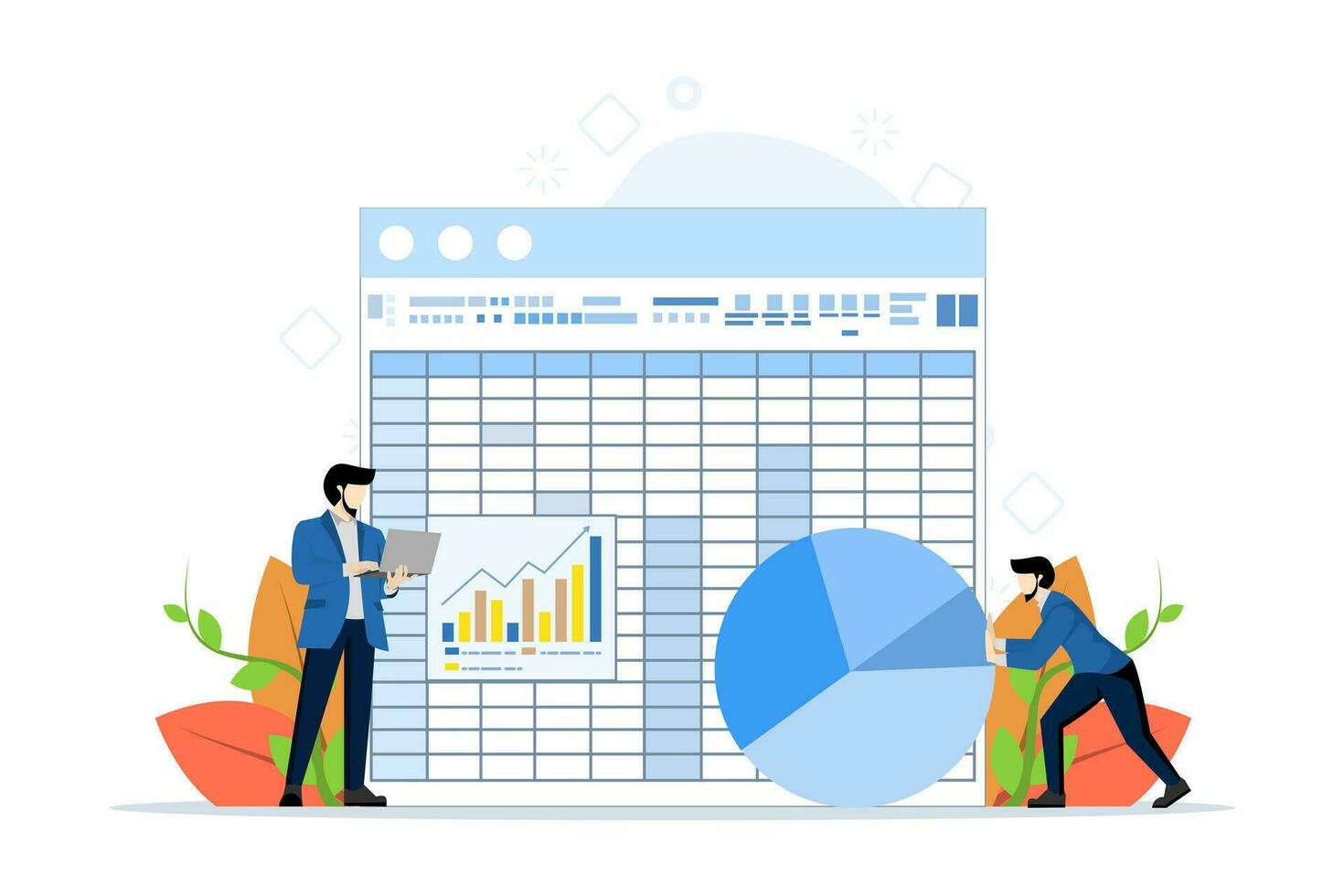 spreadsheet concept, business team analyze big data or information. Office employees make reports using spreadsheets. Work with databases. flat vector illustration on a white background.