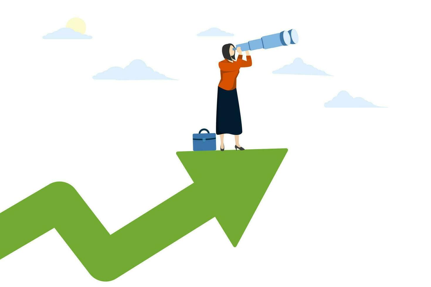 profit and income forecast concept, Business or investment opportunity and market prediction, future growth or career development vision, woman climbing arrow with big telescope binoculars. vector
