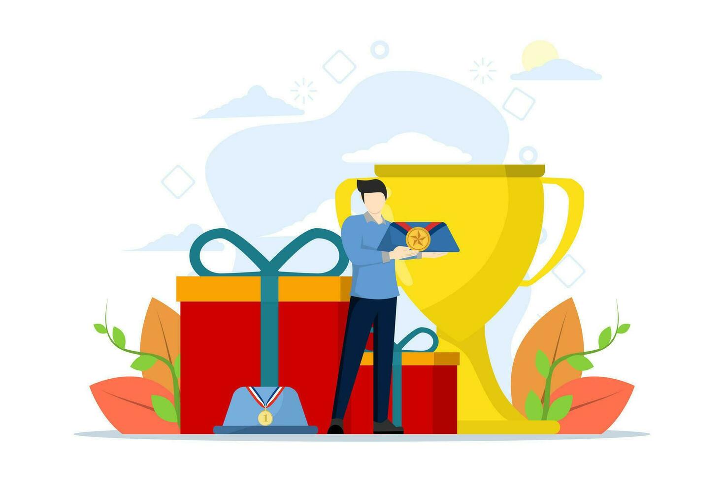 Concept of getting loyalty rewards, bonuses, business rewards. character standing and holding gold medal. Rewards program and receive gifts. Flat vector illustration on a white background.