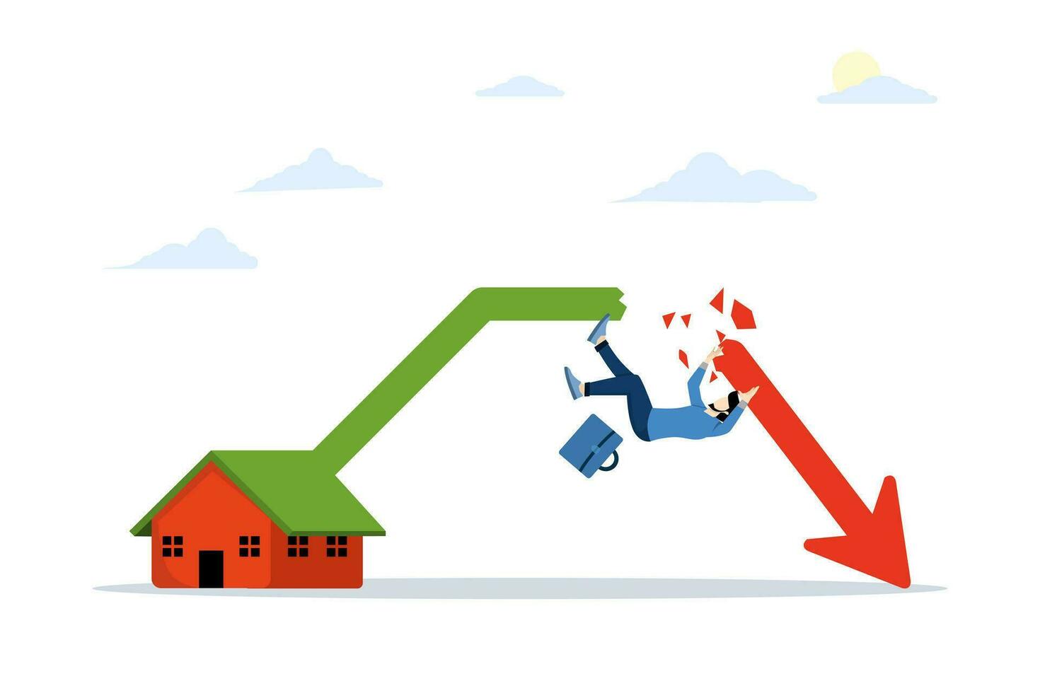 speculative concept of real estate investment failure, soaring demand for real estate, economic crisis that causes investors to be in debt or bankrupt. Businessman falling on falling chart arrow. vector